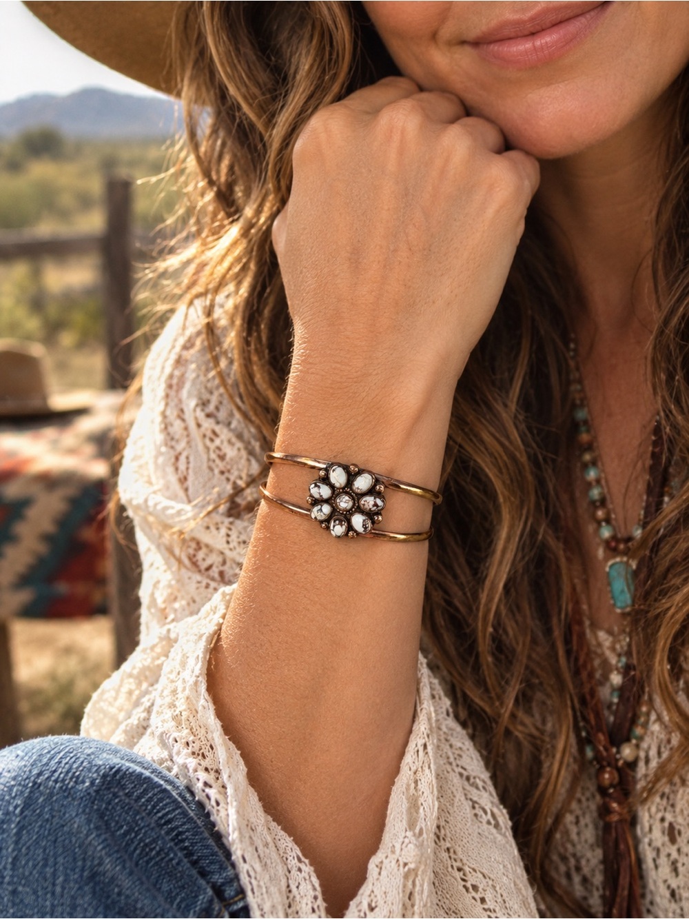 Boho-Western Inspired Copper Cuff Bracelet with White Horse Jasper Flower NWOT